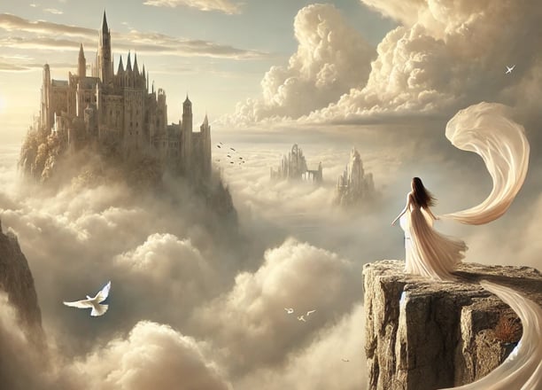 Femme en tunique face à une cité ancienne flottante dans les nuages.