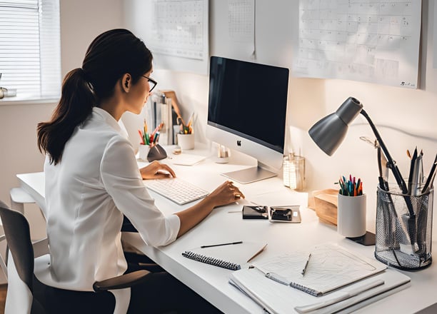 a woman sitting at a desk with a computer and a monitor