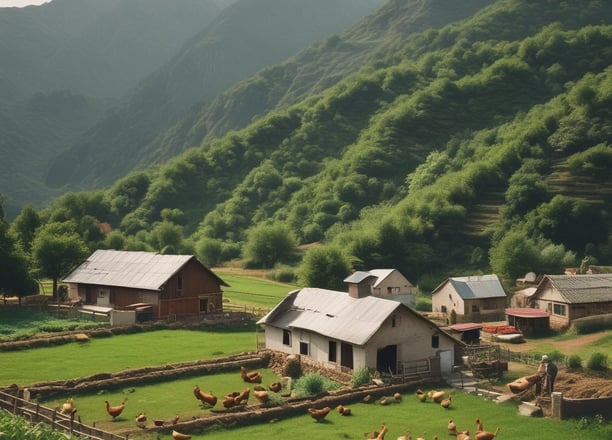 A rustic stone house with a red-tiled roof is nestled among lush green forests and rolling hills under a partly cloudy sky. The landscape is serene and abundant with verdant trees, creating a peaceful and secluded atmosphere.