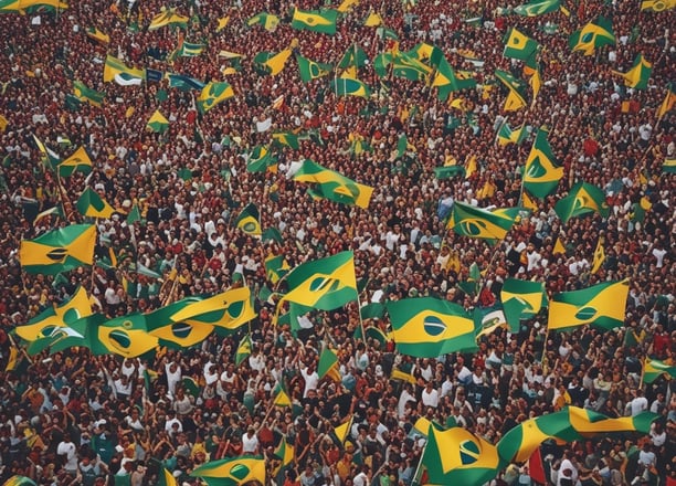 A music concert stage is brightly lit with blue and white spotlights, featuring a person holding a large Brazilian flag at the center. The event appears festive, with visible audience members in the foreground and large screens flanking the stage.