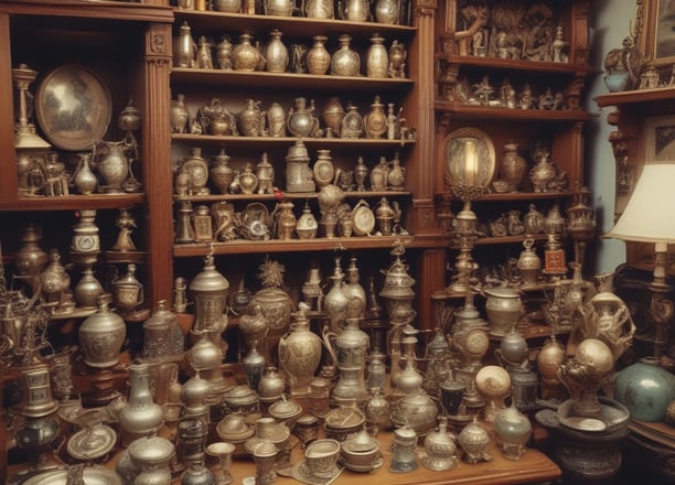 An antique setting displaying various vintage items including an old gramophone, a record player with a decorative brass horn, and numerous ornate brass and wooden objects. The scene appears to be outdoors, possibly at a market or fair, with several parked cars and trees visible in the background.