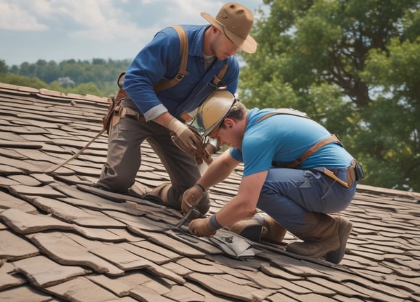 A person wearing a wide-brimmed straw hat is working on repairing or inspecting a roof made up of traditional grey tiles. The roof tiles are arranged in an overlapping pattern and show various shades of grey, with patches of moss or discoloration.