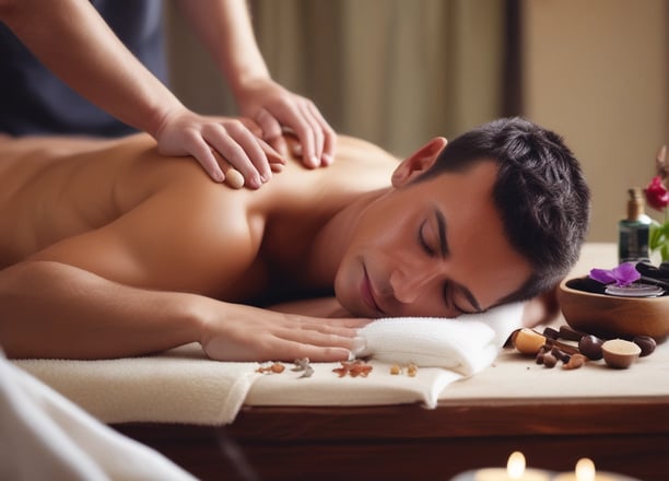 A person with long hair lies on a massage table, receiving a massage on the upper back. A small butterfly tattoo is visible on their back. The setting appears to be serene and calming, with a plant in the foreground adding a touch of nature.