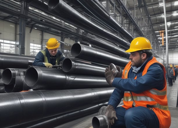 A group of four men are working together to install or repair a vertical pipe outdoors. They are holding and adjusting the pipe, which is situated in a narrow concrete trench with some type of machinery at the base. The surrounding environment includes grassy areas, some bushes, and trees. There are cables lying around on the grass, and it appears to be a somewhat overcast day.
