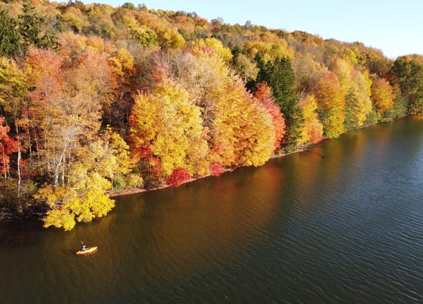 Aerial drone shot of a lake with autumn-colored trees along the bank and a lone kayaker paddling in 