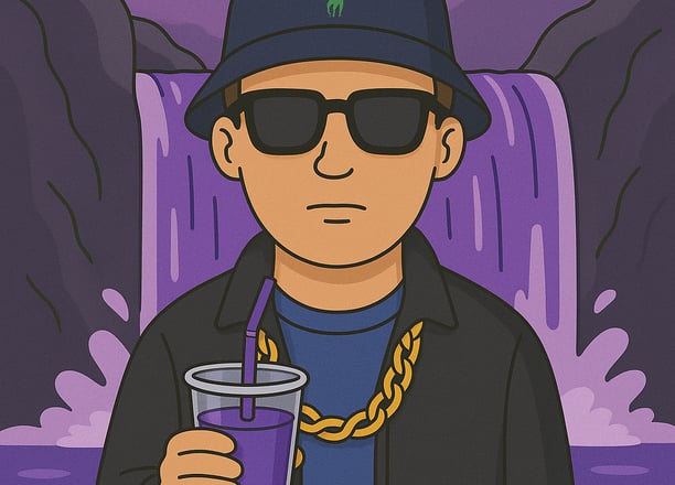 Cartoonhafte Illustration von Hustensaft Jüngling vor einem leuchtend violetten Wasserfall, Bucket Hat, Sonnenbrille und li