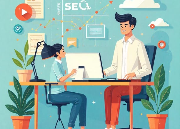 Un trabajador con una clienta explicándole el servicio de seo local