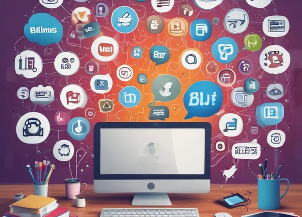 A workspace featuring a whiteboard with a social media content schedule, organized by day and platform, using sticky notes in varying colors. A wooden table holds an open laptop displaying a social media management application, alongside pens and small circular items.