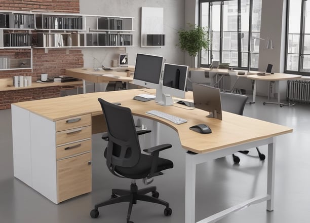 A modern office space featuring a clear, sleek acrylic chair with a chrome frame, positioned near a white table. On the opposite side, a cabinet with a vase containing a plant and a few decorative items is visible. The background includes built-in cabinets with a minimalist design.