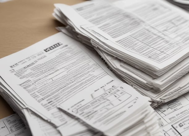 Several documents with text are visible, placed in a stack with clear plastic packaging around them. The focus is on a receipt or invoice featuring printed and handwritten text.