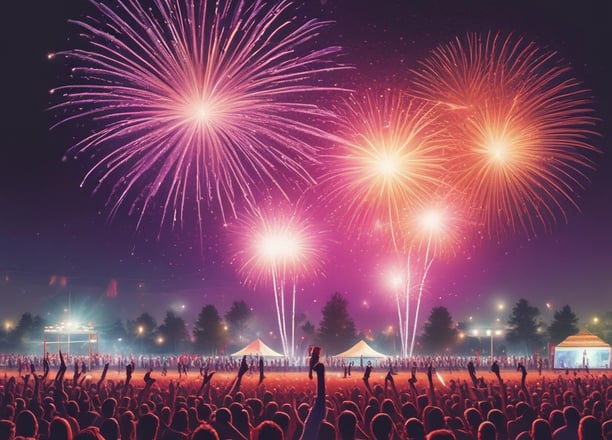 An energetic outdoor festival at night with a large crowd gathered in front of an elaborate stage adorned with vibrant red and orange lights. Fireworks explode in the night sky, adding to the lively atmosphere.