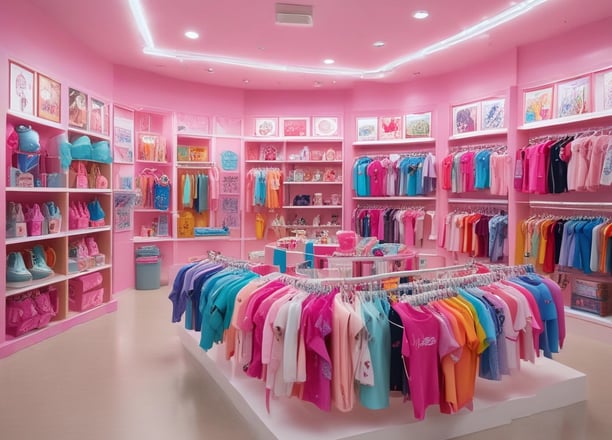 A brightly colored storefront for a kids and baby clothing shop with a sign reading 'bondberro.' The window displays various children's clothing items, and a person in dark clothing is entering the shop. In the foreground, a person on a scooter is passing by.