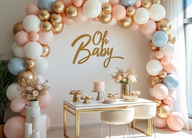 Elegant baby shower setup featuring 'Oh Baby' backdrop, pastel and metallic balloons, candy tables, and luxury furniture by L