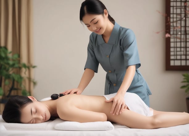 A person lies face down on a massage table while another person applies pressure on their back with both hands. The setting appears calm and the clothes suggest a casual, relaxed environment, possibly in a spa or therapy center.