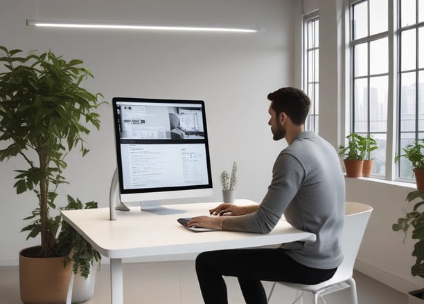 Two people are interacting with a laptop on a white standing desk. The laptop screen displays a webpage related to social wall solutions for hashtag campaigns. The setting appears to be a modern office with several chairs, tables, and a large plant in the background. One person is wearing a colorful floral top and the other is in a dark t-shirt.
