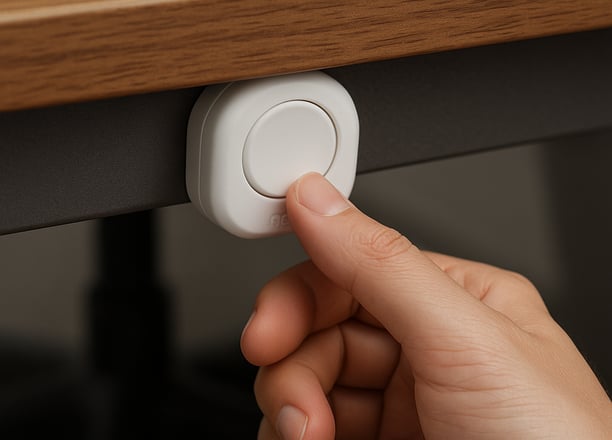 A person pressing a hidden panic button under a desk