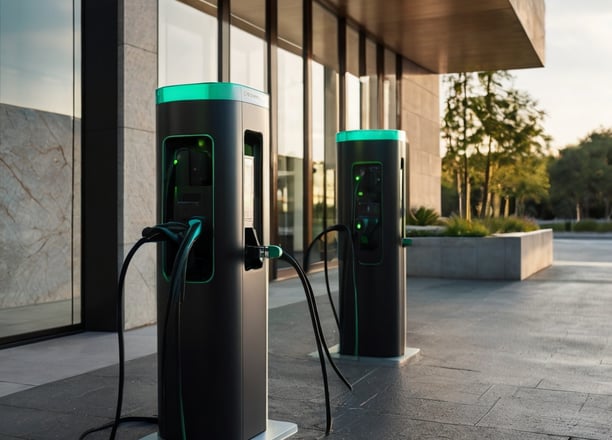 two electric charging stations with green lights on them