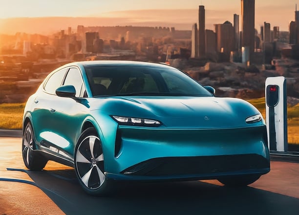 A blue electric car besides an EV charger