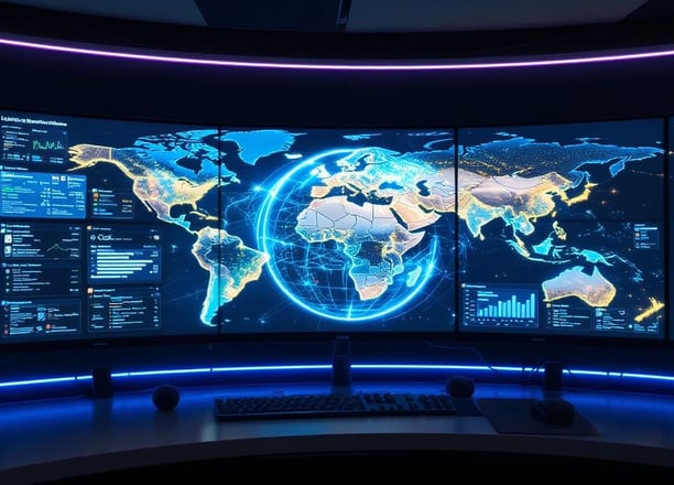a large screen with multiple screens displaying a map of the world