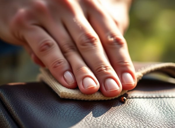 a person cleaning a leather bag with a cloth cloth