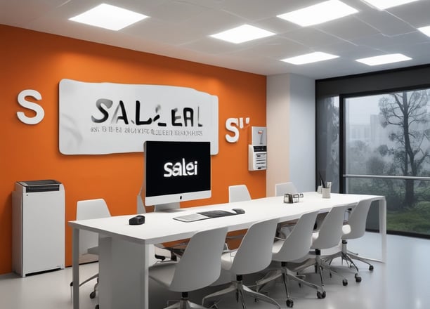A dimly lit room features a prominent illuminated sign displaying the words 'Sysco LABS.' Below the sign are office desks with various electronic devices, including laptops and cables. The lighting creates a cool and professional atmosphere.
