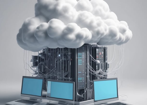 A visualization of a data storage system featuring a main server unit connected to a series of cylindrical storage units. The server has multiple horizontal rows, each with indicators. The background is black, providing a strong contrast to the metallic and green tones of the server and storage units.