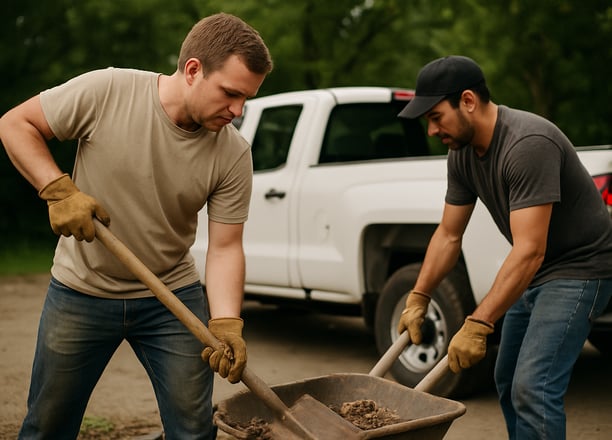 Two men doing manual labor in front of a truck. 