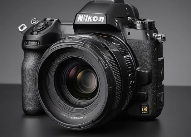 A high-quality digital camera with a large lens is placed against a dark background. The camera body features several control dials and buttons, along with clear branding. The lens appears to be a professional-grade, emphasizing optical precision.