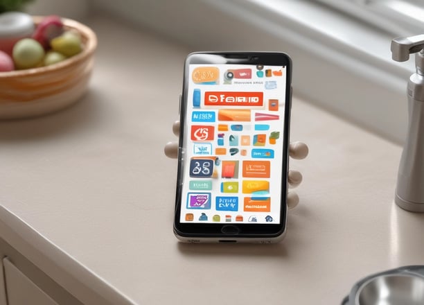 A modern smartphone displaying a shopping app with a focus on winter savings offers, set against a kitchen background. The smartphone screen shows an app interface with search options and promotional content. Sunlight is filtering through large windows, casting reflections on a dark kitchen countertop.