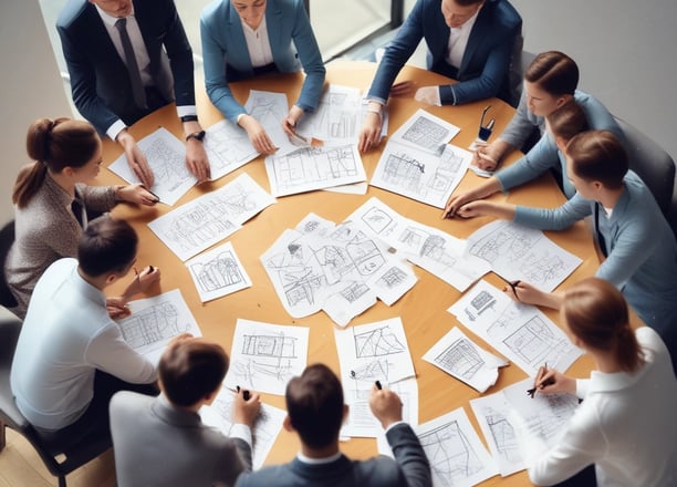 A copy of the book titled 'The 1-Page Marketing Plan' lies on a gray textured surface. The book cover is bright yellow with bold red, white, and green text. Surrounding the book are various small objects: a metallic laptop partially visible on the top left, a pair of white wireless earphones, a blue bookmark with the text 'one more page,' and other small, colorful items.