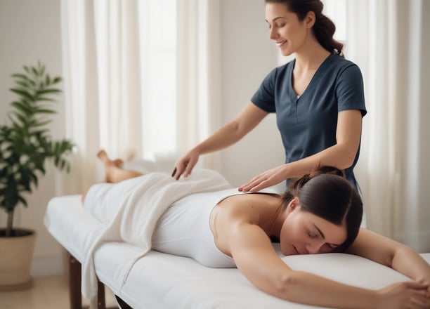 A serene spa setting featuring a person lying face down on a massage table covered with a white sheet. Several smooth black stones are placed along their back for a hot stone massage. Soft, ambient lighting creates a warm atmosphere, with bottles of oil visible on a wooden table in the background.