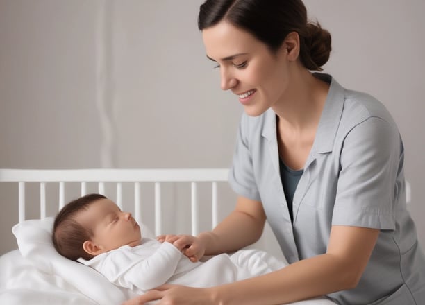 A healthcare professional wearing a mask and gloves is attending to a newborn in a hospital setting. The room contains medical equipment such as monitors and gauges. The newborn is lying in a bassinet, wrapped in a blanket.