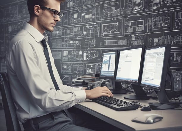 A hand holding a thermal scanner is pointed towards a rack of computer servers. The servers are illuminated with blue LED lights, giving a technological and futuristic feel.