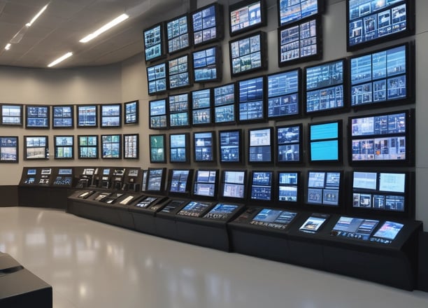 An oval-shaped digital display is embedded in a wall. The screen shows a close-up view of a fabric texture in a peachy color. Surrounding the display is a metallic border with inscriptions. The wall is a smooth, flat surface in a muted blue tone, with a few visible screws or bolts.