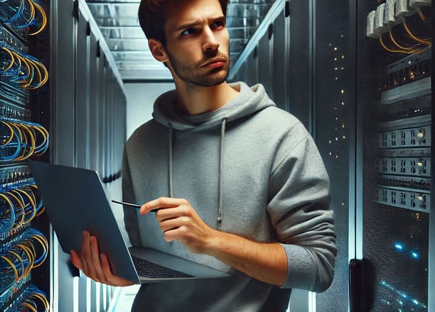 a man in a server room with a laptop and a notebook computer
