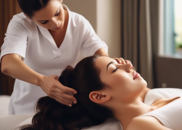 A person is lying down on a treatment bed covered with a white towel. Another individual is standing beside, placing their hands on the person's shoulders as if about to perform a massage or therapy. The scene appears to be in a spa or similar wellness setting.