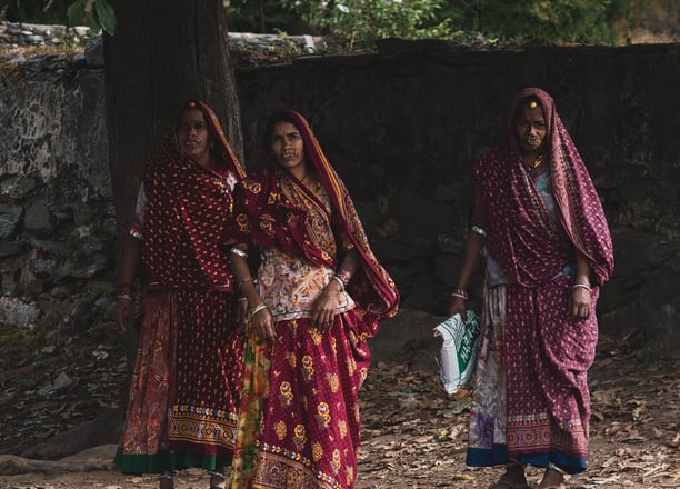 Village women walking to work in traditional Indian attire, rural life during cultural village tours