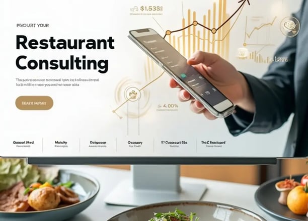 Consultoria digital para restaurantes num ecrã, destacando estratégias para otimização de reservas e gestão inteligente.