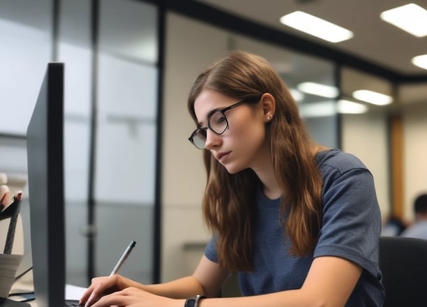 An open textbook on a desk features illustrations of various fruits and vegetables with labels, accompanied by detailed text. A child's hand is visible, holding a pencil over a notebook. Other items, such as a highlighter and eraser, are present on the desk.