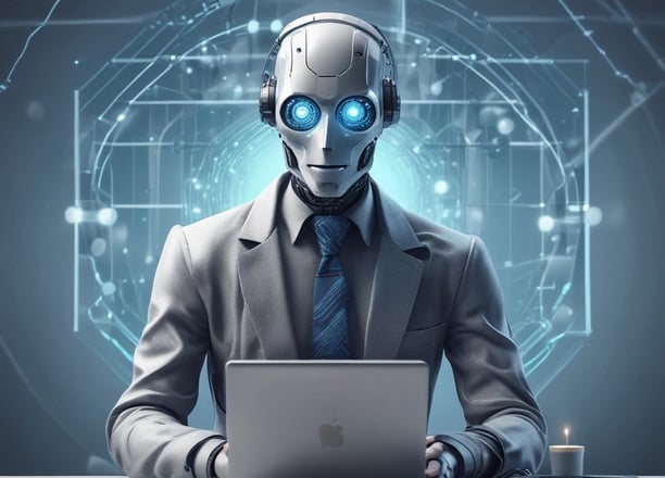 A small, round robot with a smooth white surface and blue accents operates a blue laptop on a sleek, floating platform. The robot has glowing eyes and an antenna on its head, with an 'AI' emblem on its front.