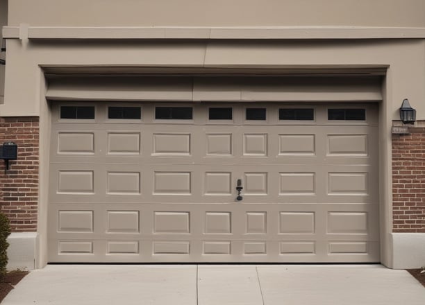 A garage door and the entrance of a suburban house with a yellow gate marked with the number 23. The building has a flat facade and a slightly industrial look with concrete structures. The scene is lit by sunlight, casting shadows on the garage door.