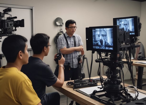 Three individuals are engaged in a filmmaking or video production process inside a studio. One person operates a professional camera mounted on a rig, wearing a mask and cap. Two other people are seated, one intently looking at a laptop, creating an atmosphere of concentration and collaboration.