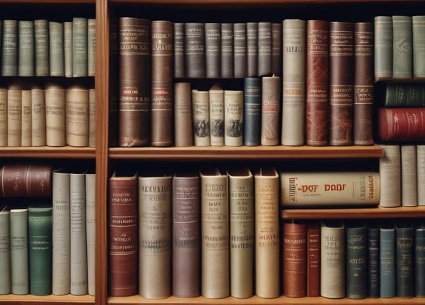 A close-up view of a bookshelf showing a psychology section label with books stored horizontally. One prominent book with a colorful spine that transitions from blue to red is partially visible.