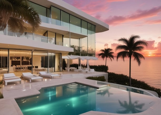 A luxurious multi-story residential building with a waterfront location, surrounded by palm trees and clear blue water. The architecture is elegant with arched windows and a light color palette.