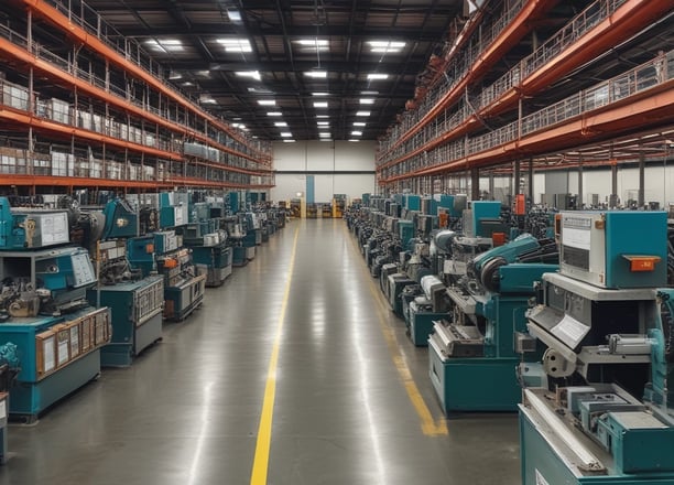 An industrial setting with various large machines and equipment, including a CNC machine and other manufacturing tools. There are shelves stocked with metal parts and components, and the space is illuminated by natural light streaming in through the ceiling windows. The area appears organized with clear sections for different types of machinery.