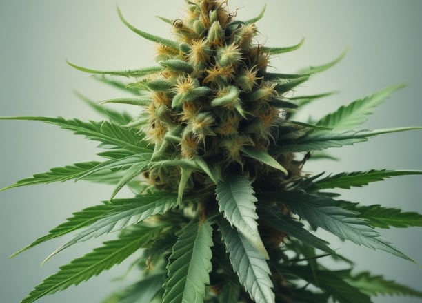 A collection of cannabis-related items, including a glass jar filled with cannabis buds, a metal grinder with its lid off, and a rolled joint laying in front. The scene features earthy tones and metallic highlights.