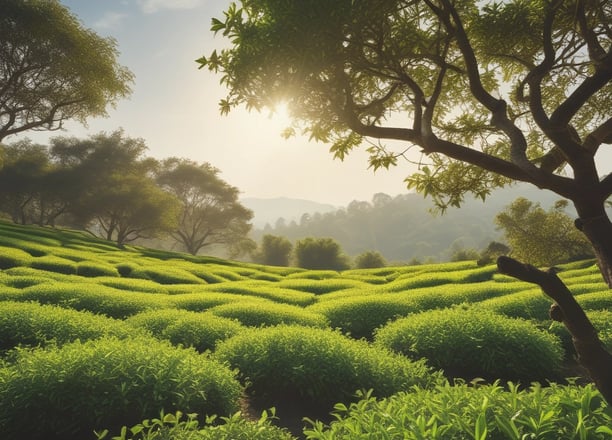 A close-up of vibrant green tea leaves with a backdrop of a clear blue sky and fluffy white clouds. The bright sunlight highlights the fresh, glossy texture of the leaves. In the distance, a silhouette of mountain ranges can be seen.