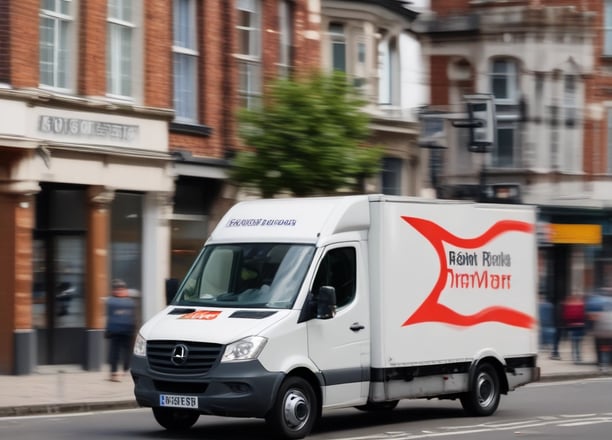 A white van with company advertisements on its side is moving quickly along a city street. The scene captures a sense of speed and motion, with a blurred background of office buildings and other vehicles. The road is marked with red and white lines, indicating a bus or special lane.