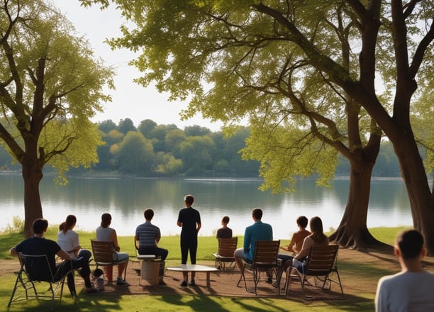 un gruppo di persone in una sessione di professional outdoor coaching con alberi e un lago