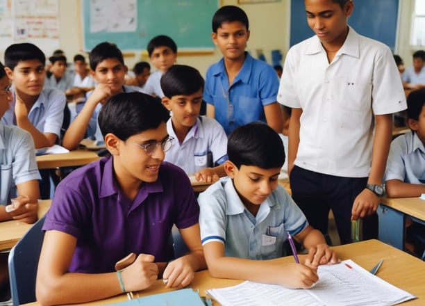 A teacher standing in front of a classroom with a group of special needs students doing class work.